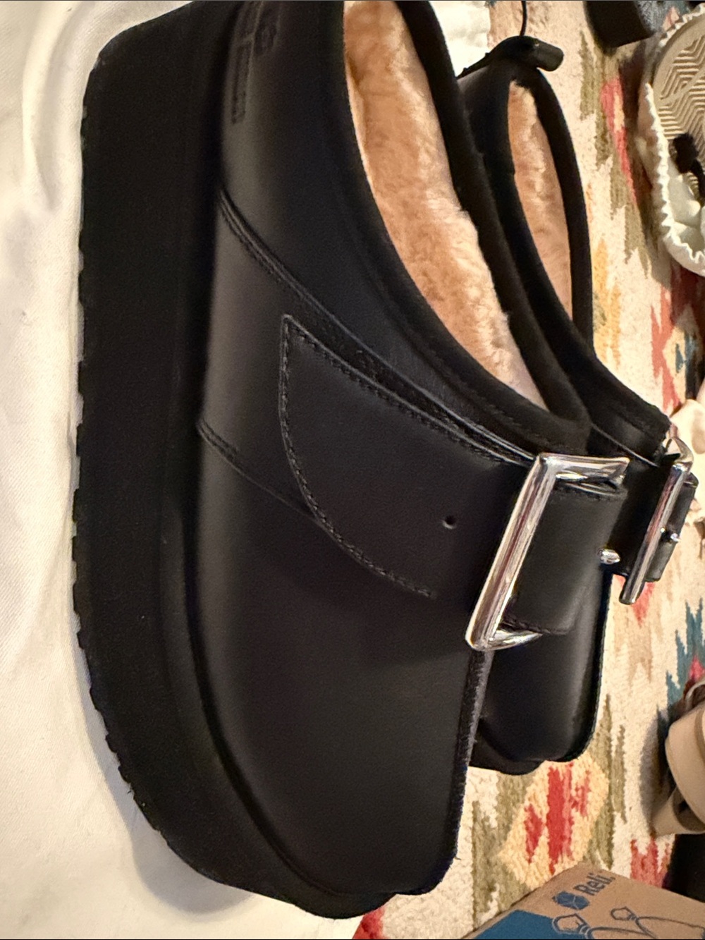 UGG Black Leather Platform Slip-On Shoes with Buckle - Picture 7 of 7